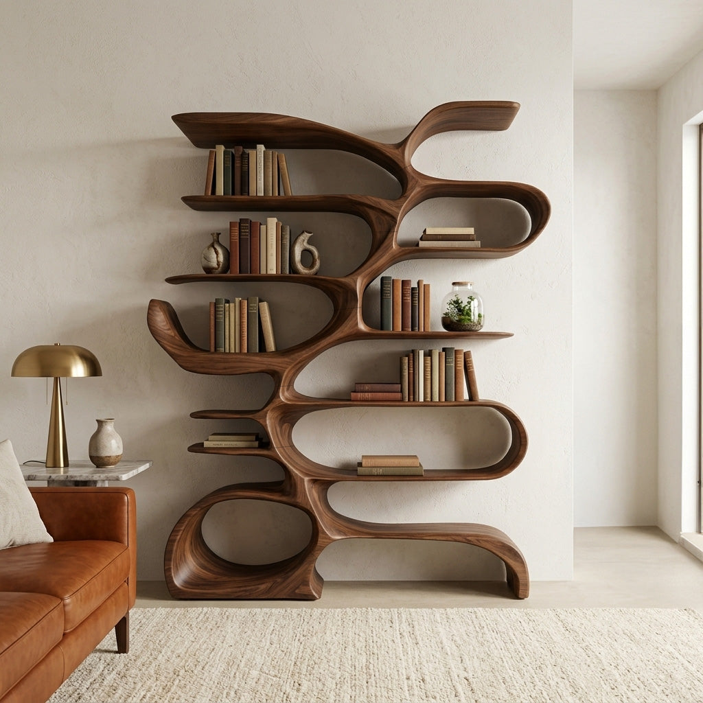 Sculptural Wooden Bookcase For Modern Living Room Storage