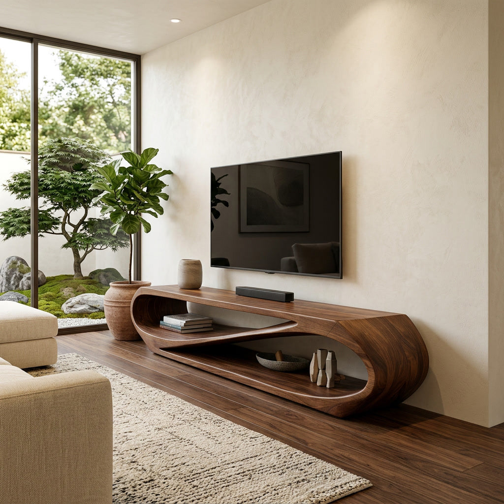 Sculptural Natural Wood TV Console For Modern Living Room