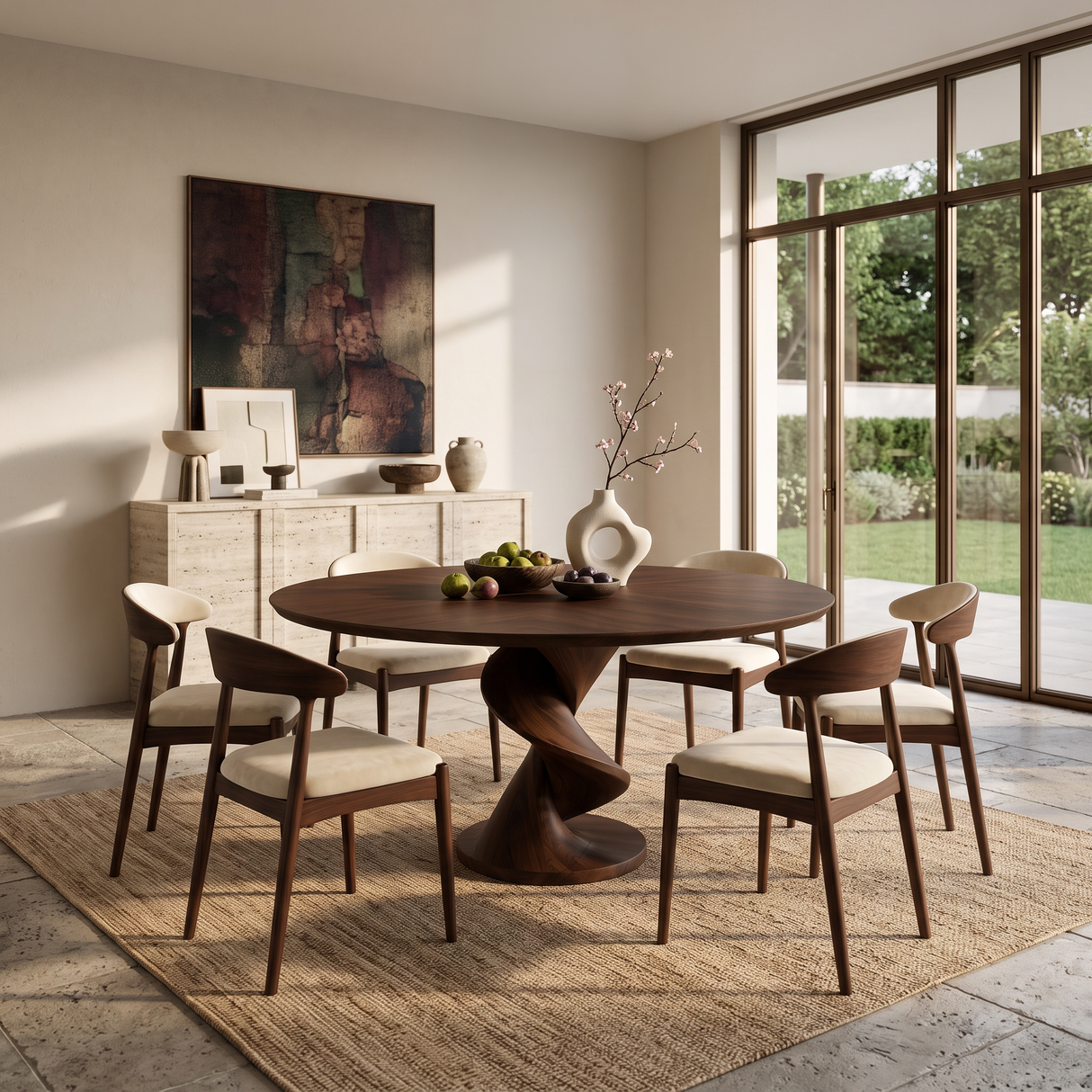 Modern Round Dining Table With Sculptural Spiral Pedestal For Kitchen