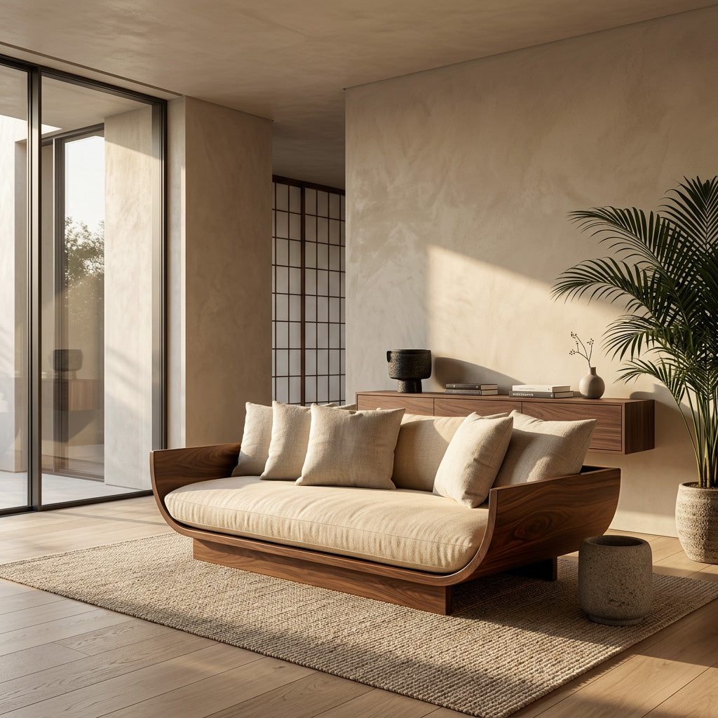 Wooden Sofa With Curved Form For Living Room