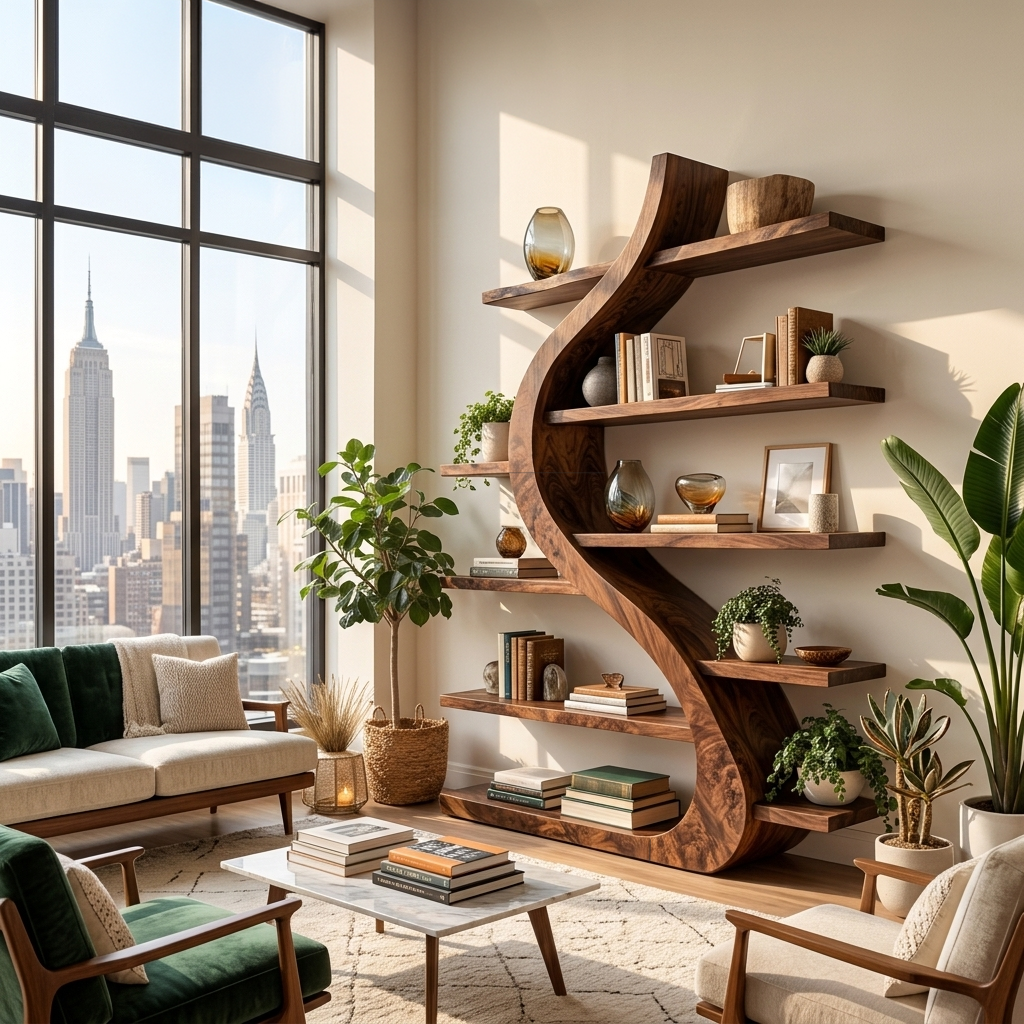 Organic Wooden Bookshelf Soft Curved Design For Home Decor