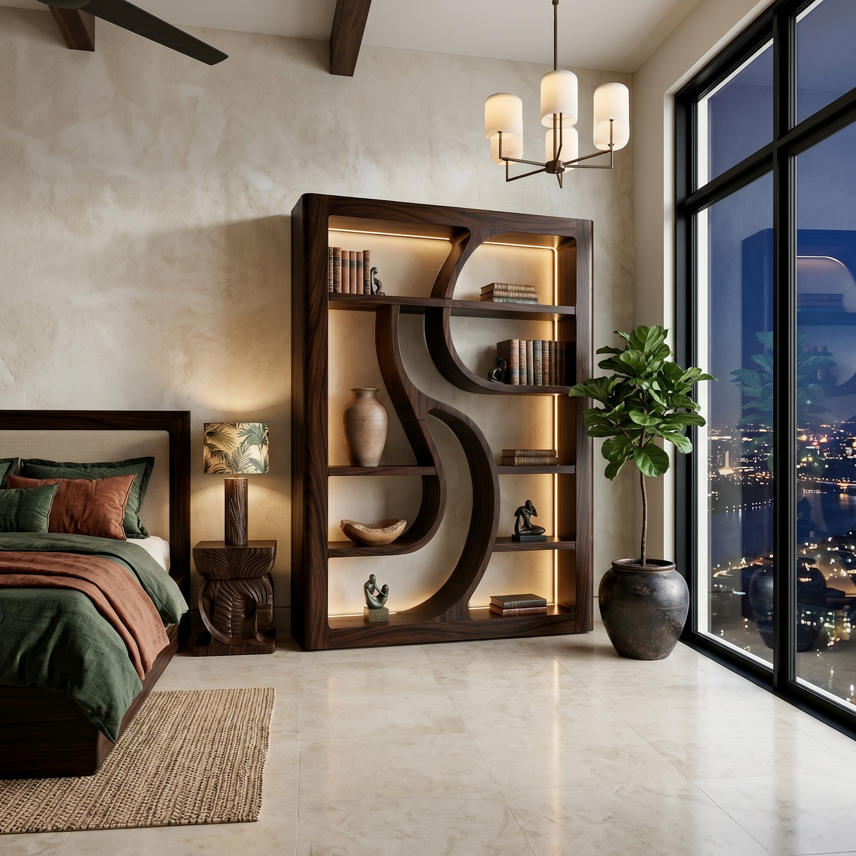 Luxury Wooden Bookshelf Featuring Ambient LED Shelving