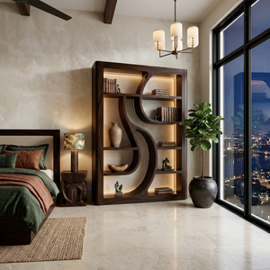 Luxury Wooden Bookshelf Featuring Ambient LED Shelving
