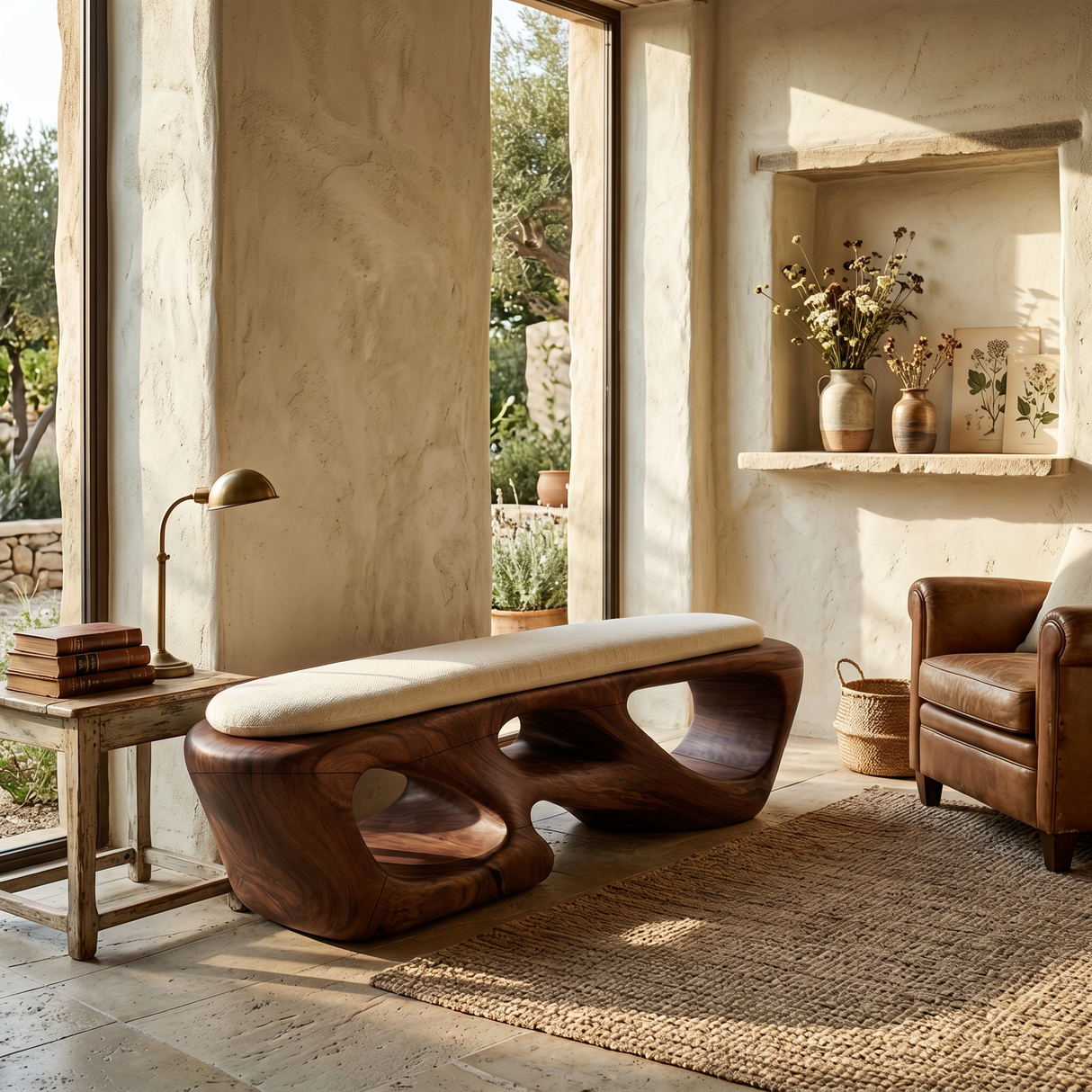 Curved Solid Wood Bench Luxury Living Room