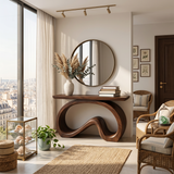 Artistic Wooden Console Table With Flowing Wood Base For Living