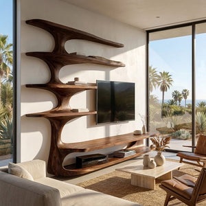 Modern Natural Wood TV Console With Shelving For Living