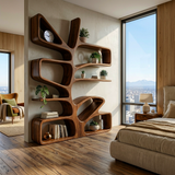 Organic Wooden Bookcase With Sculptural Form For Living Space
