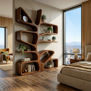 Organic Wooden Bookcase With Sculptural Form For Living Space