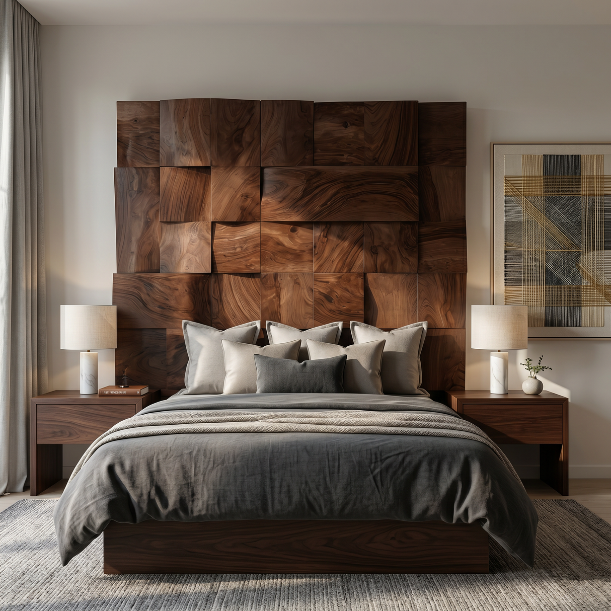 Modern Mosaic Wood Headboard For Luxury Tropical Bedroom Interior