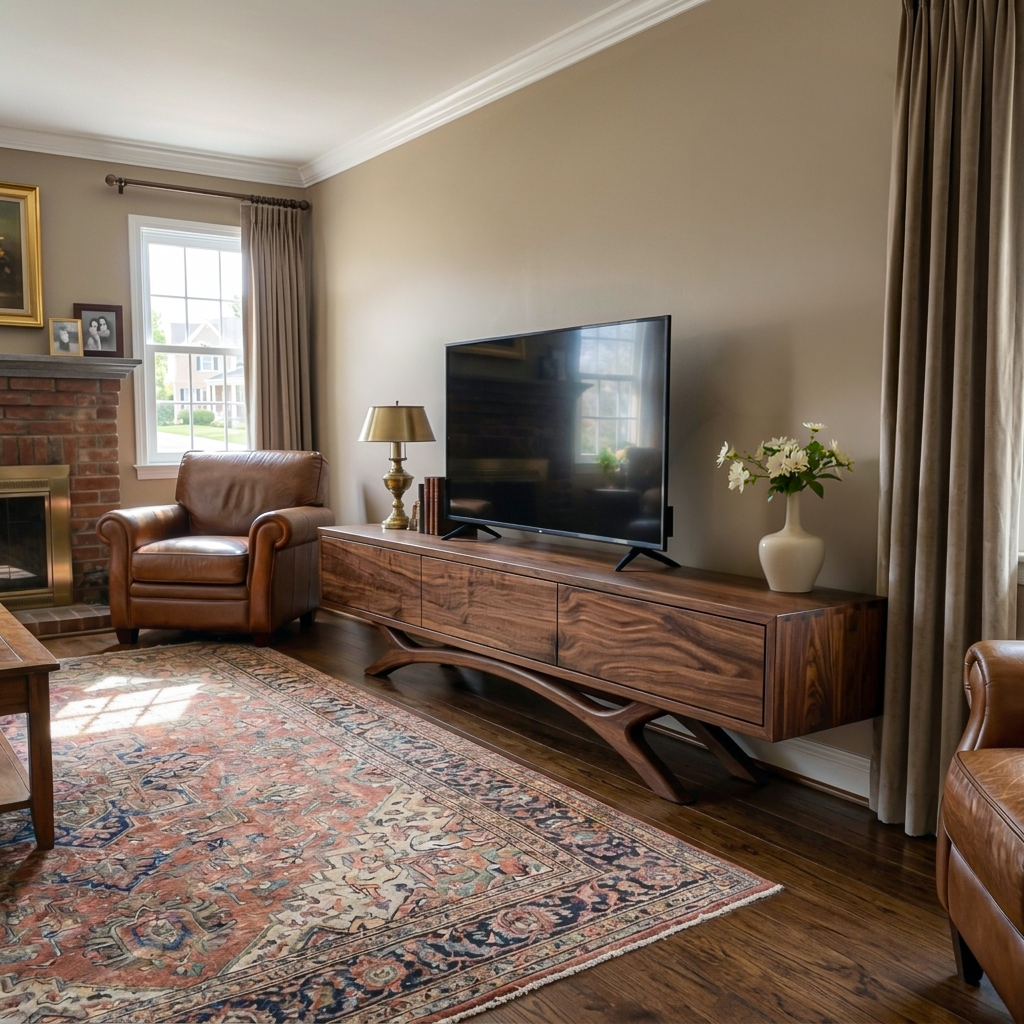 Mid Century Wooden TV Stand With Curved Base For Home