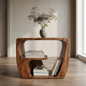 Quiet Luxury Solid Wood Side Table With Curved Design And Open Storage For Living Room