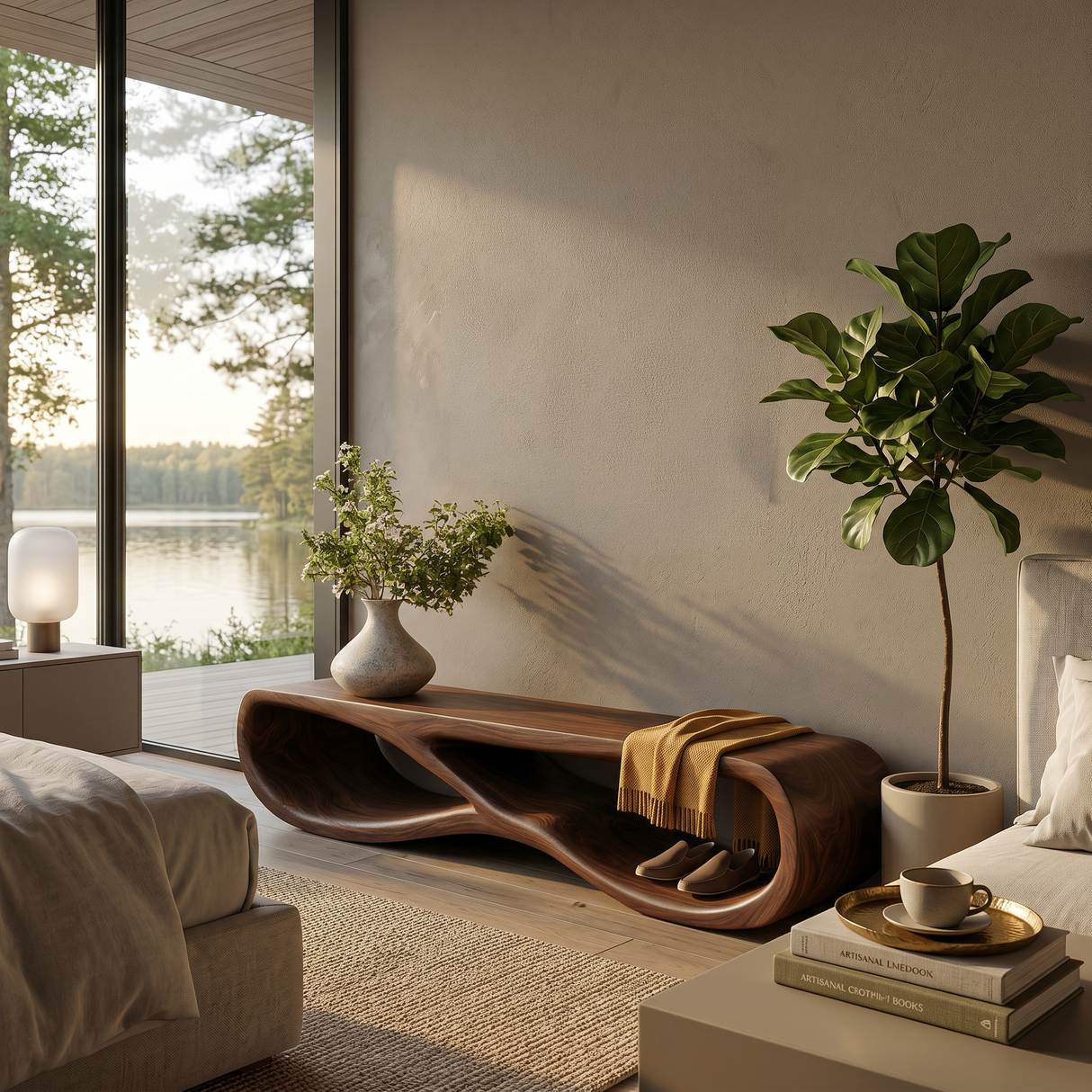 Organic Wooden Bench With Curved Base Form For Entryway Space
