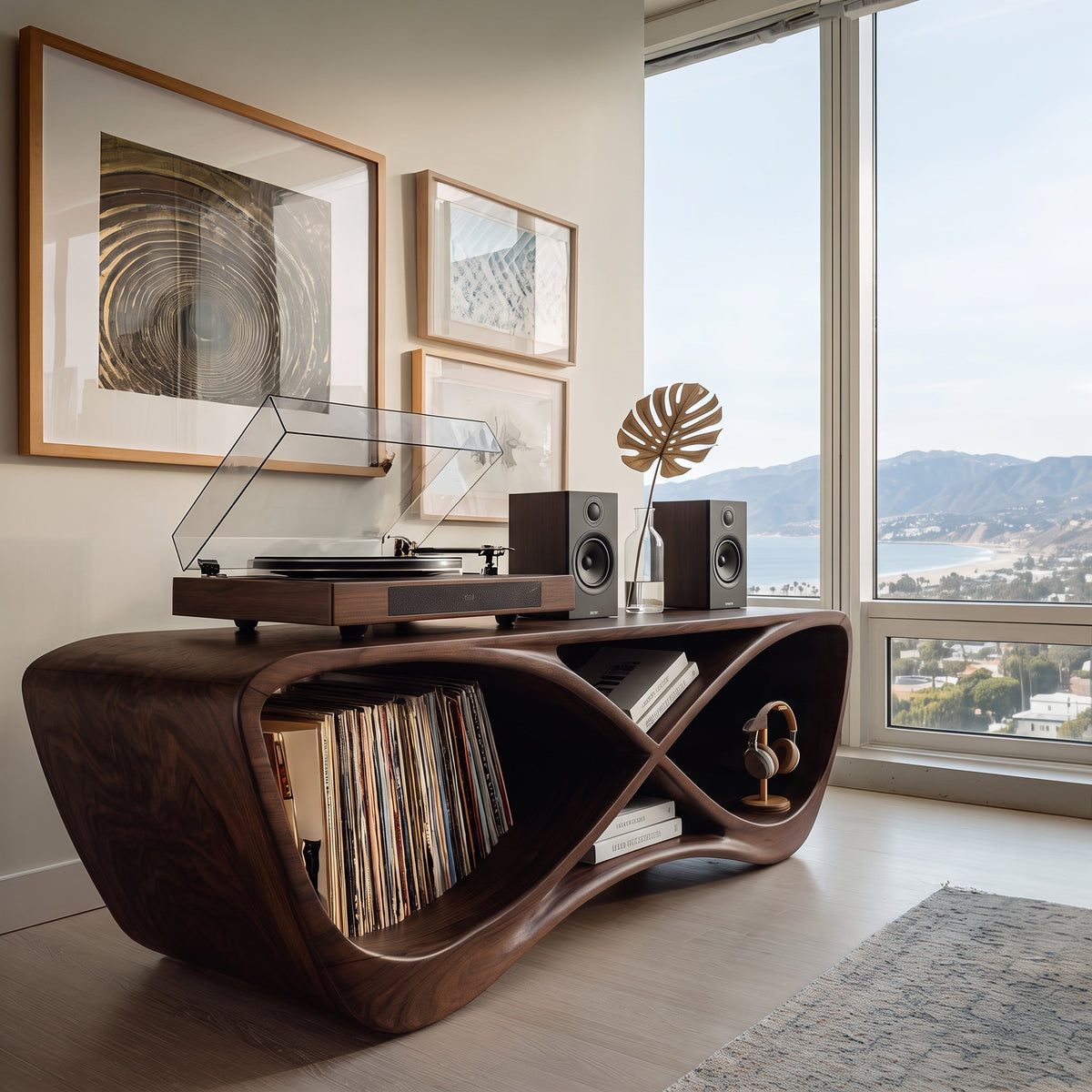 Contemporary Curved Wooden Record Player Console For Living Room