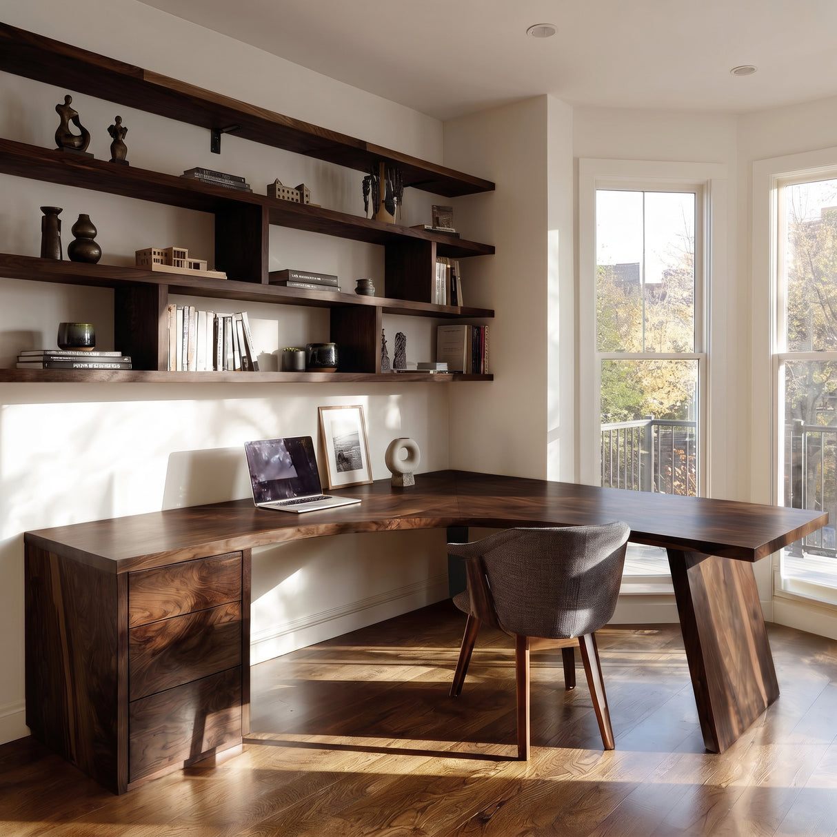 Rustic Wooden L-Shaped Desk For Bright Study Room