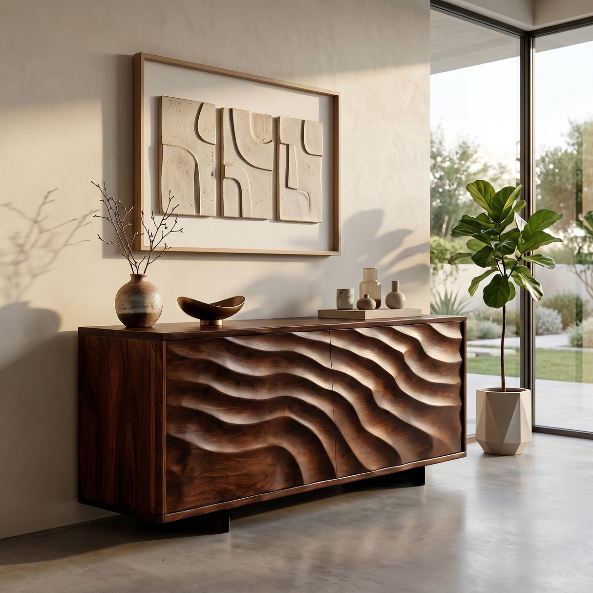 Contemporary Wooden Sideboard With Carved Doors For Home Interior