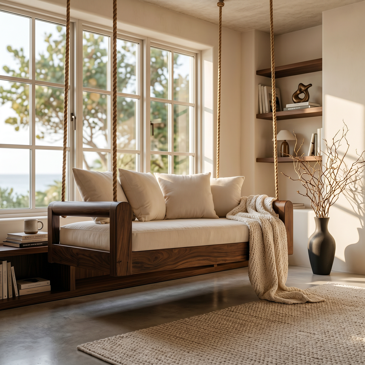 Organic Modern Wooden Hanging Couch Swing Minimalist Interior