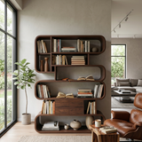 Contemporary Natural Wood Bookshelf With Rounded Form For Home
