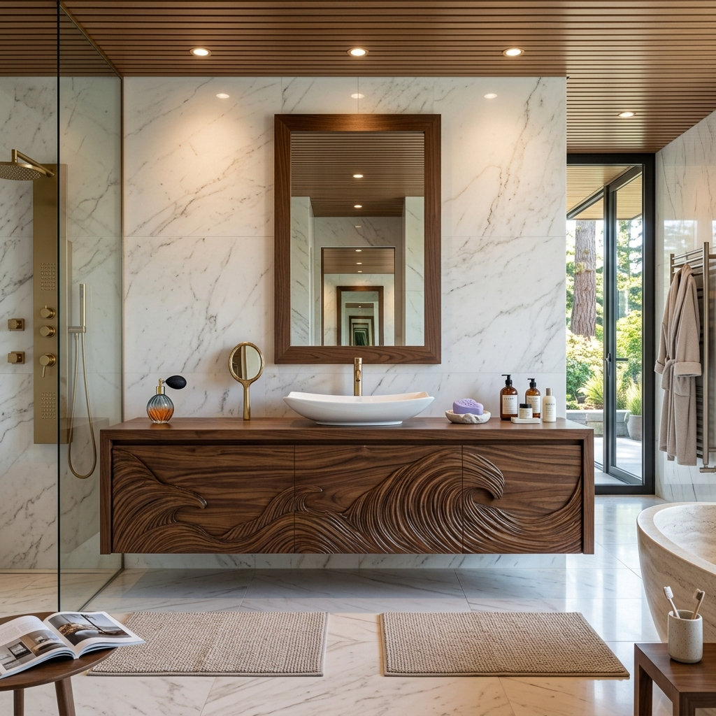 Luxury Floating Bathroom Vanity With Wave Carved Cabinet For Bathroom