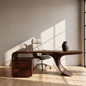 Modern Wooden Desk With Unique Curved Base For Workspace