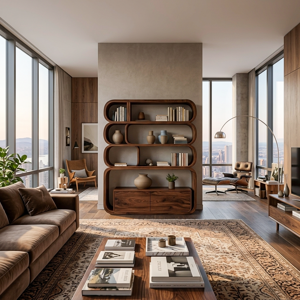 Modern Natural Wood Bookshelf With Curved Structure For Living Room