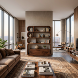 Modern Natural Wood Bookshelf With Curved Structure For Living Room