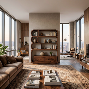 Modern Natural Wood Bookshelf With Curved Structure For Living Room