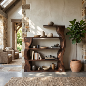 Organic Modern Wooden Bookshelf With Asymmetrical Curved Profile