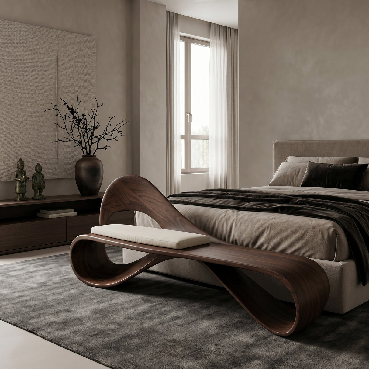 Modern Wooden Bench With Sculptural Curved Backrest For Reading Nook