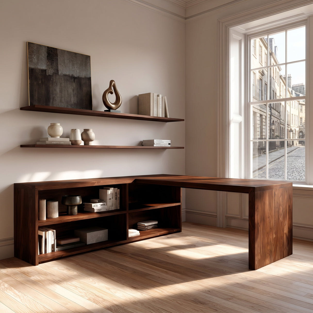 Modern Curved Natural Wood L Desk For Minimalist Office