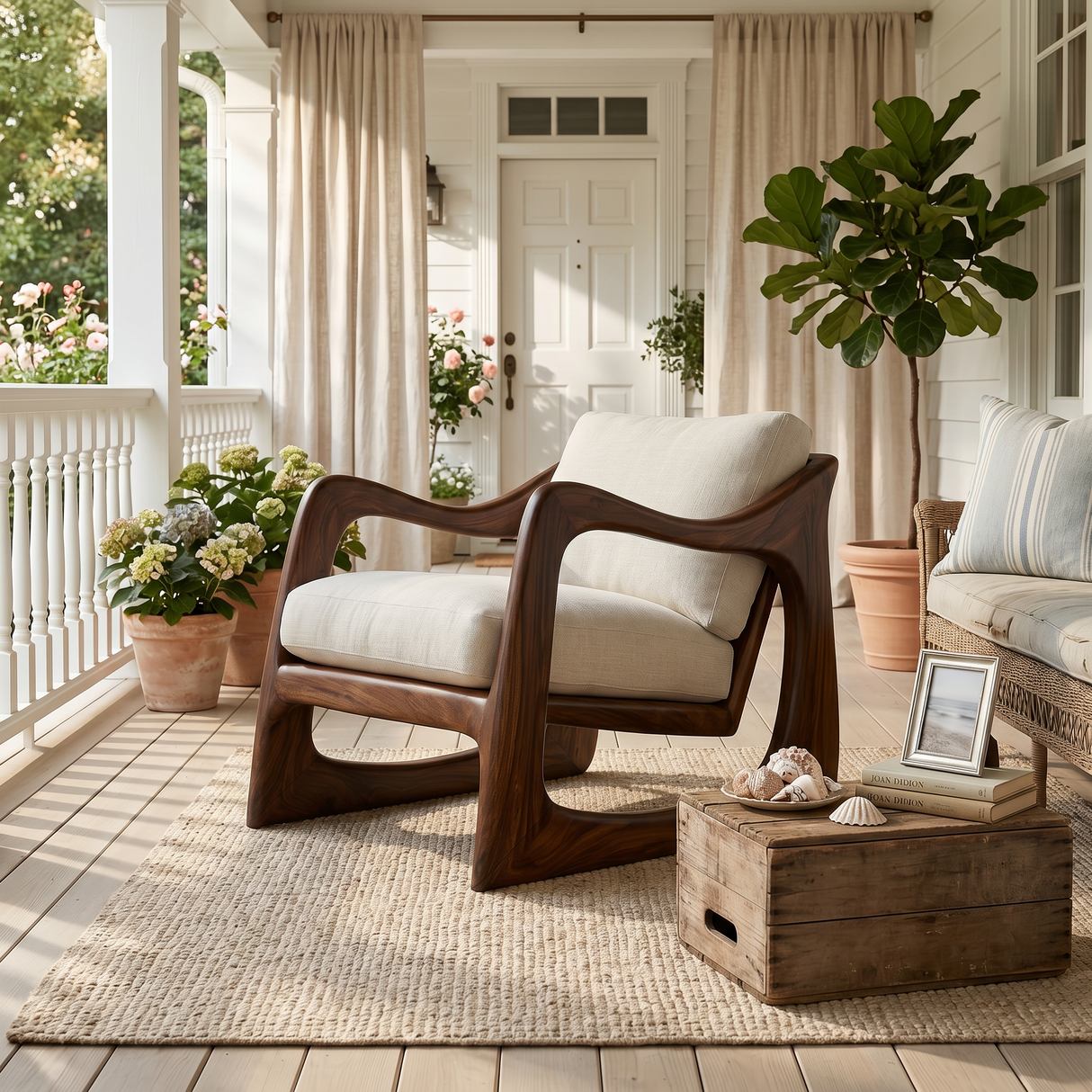 Coastal Luxury Accent Chair with Sculptural Wooden Craftsmanship