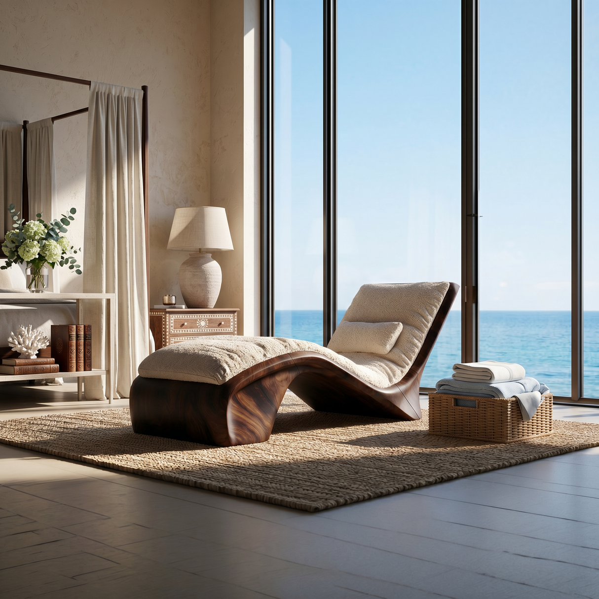 Sculptural Wood Chaise Lounge Coastal Modern Oceanfront Residence