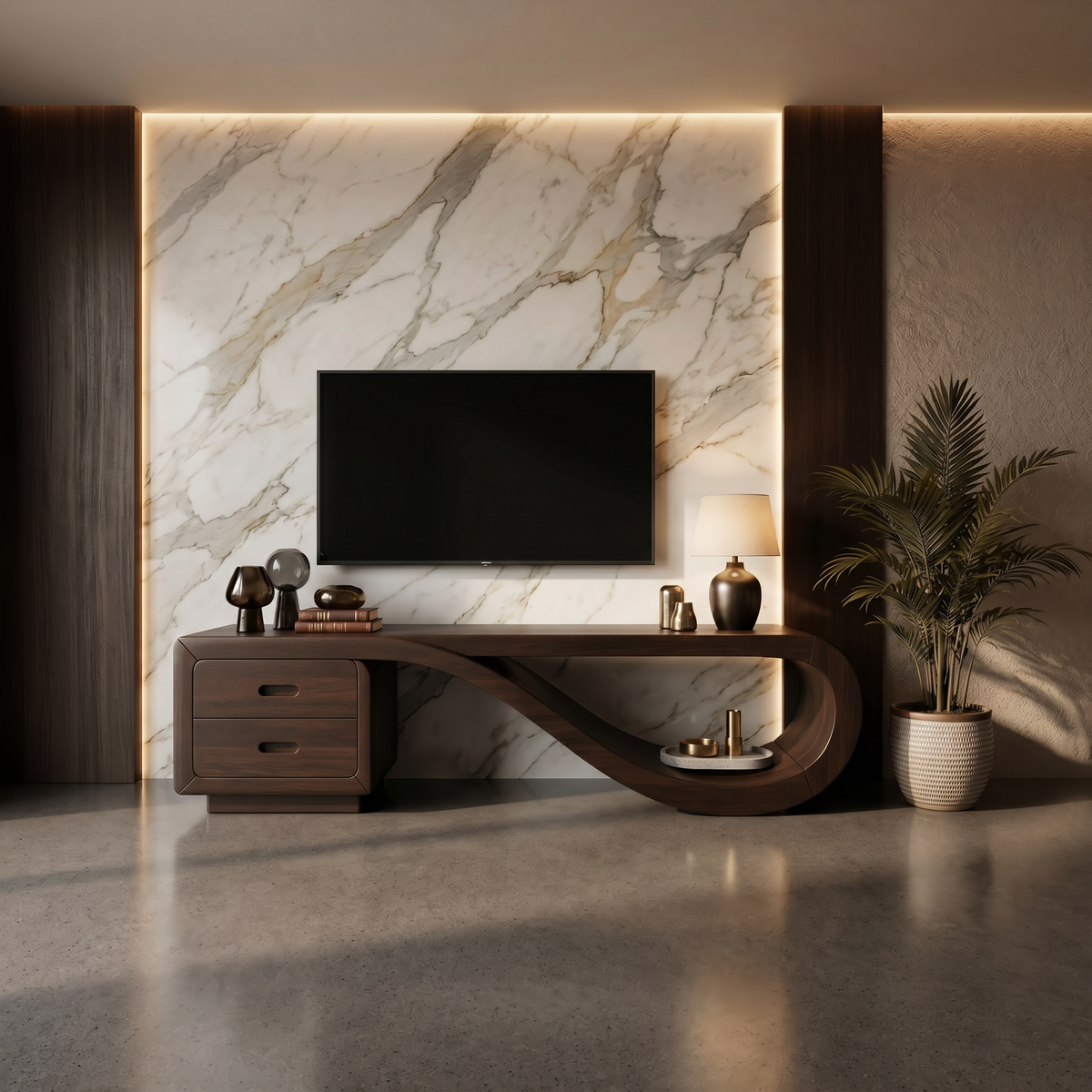 Luxury Sculptural Media Console Marble Accent Wall