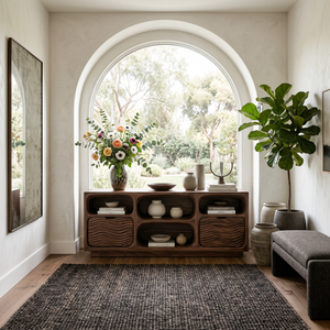 Sculptural Wooden Console Table With Shelves For Modern Living Room