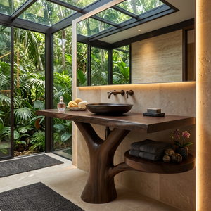 Sculptural Wood Sink Cabinet For Tropical Powder Room