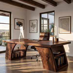 Contemporary Wooden Desk With Open Shelving For Home Office