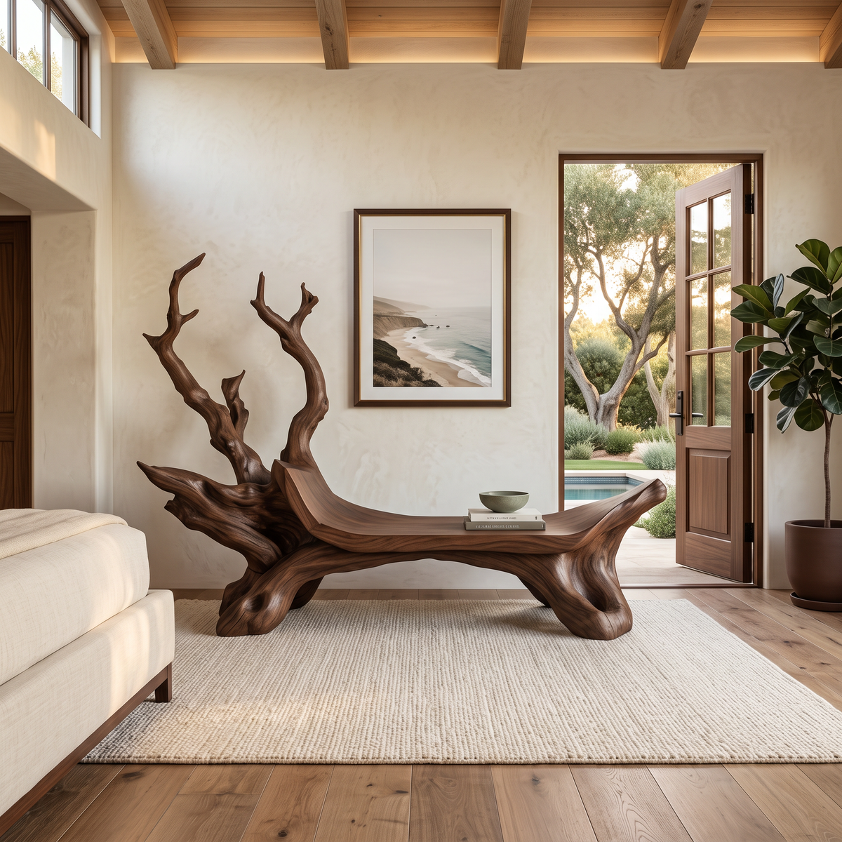 Mid Century Wooden Bench For Modern Living Room Decor