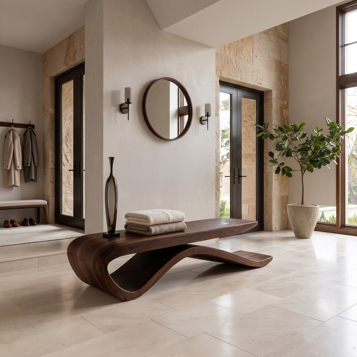 Luxury Curved Wooden Bench For Living Room