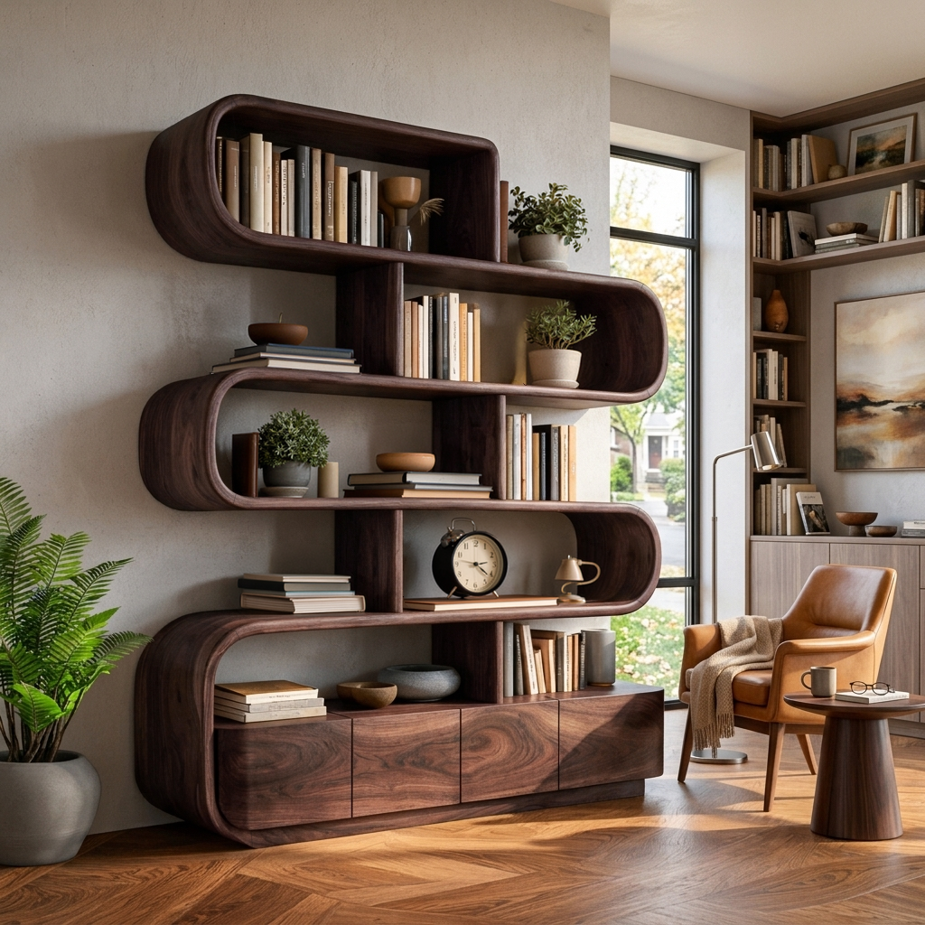 Organic Wooden Bookshelf With Flowing Form For Home Interior