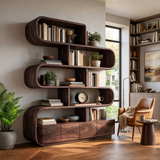 Organic Wooden Bookshelf With Flowing Form For Home Interior