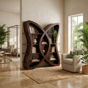 Butterfly Inspired Wooden Bookcase In Organic Style