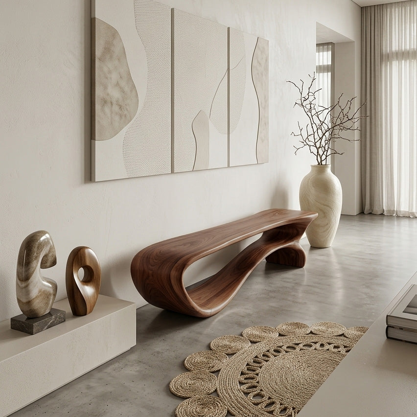 Minimalist Curved Natural Wood Bench For Living Room Decor