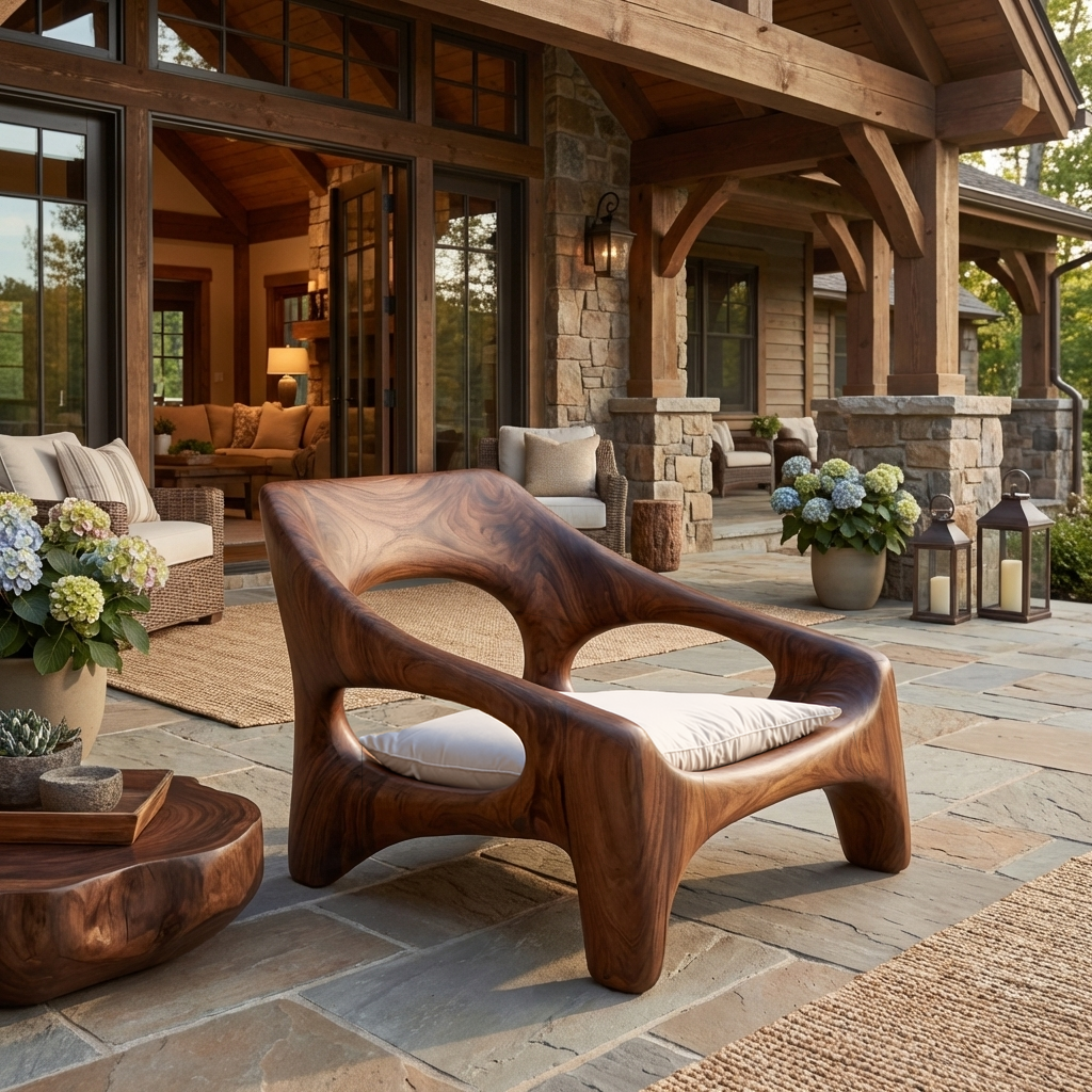 Contemporary Sculptural Wooden Chair For Outdoor Porch