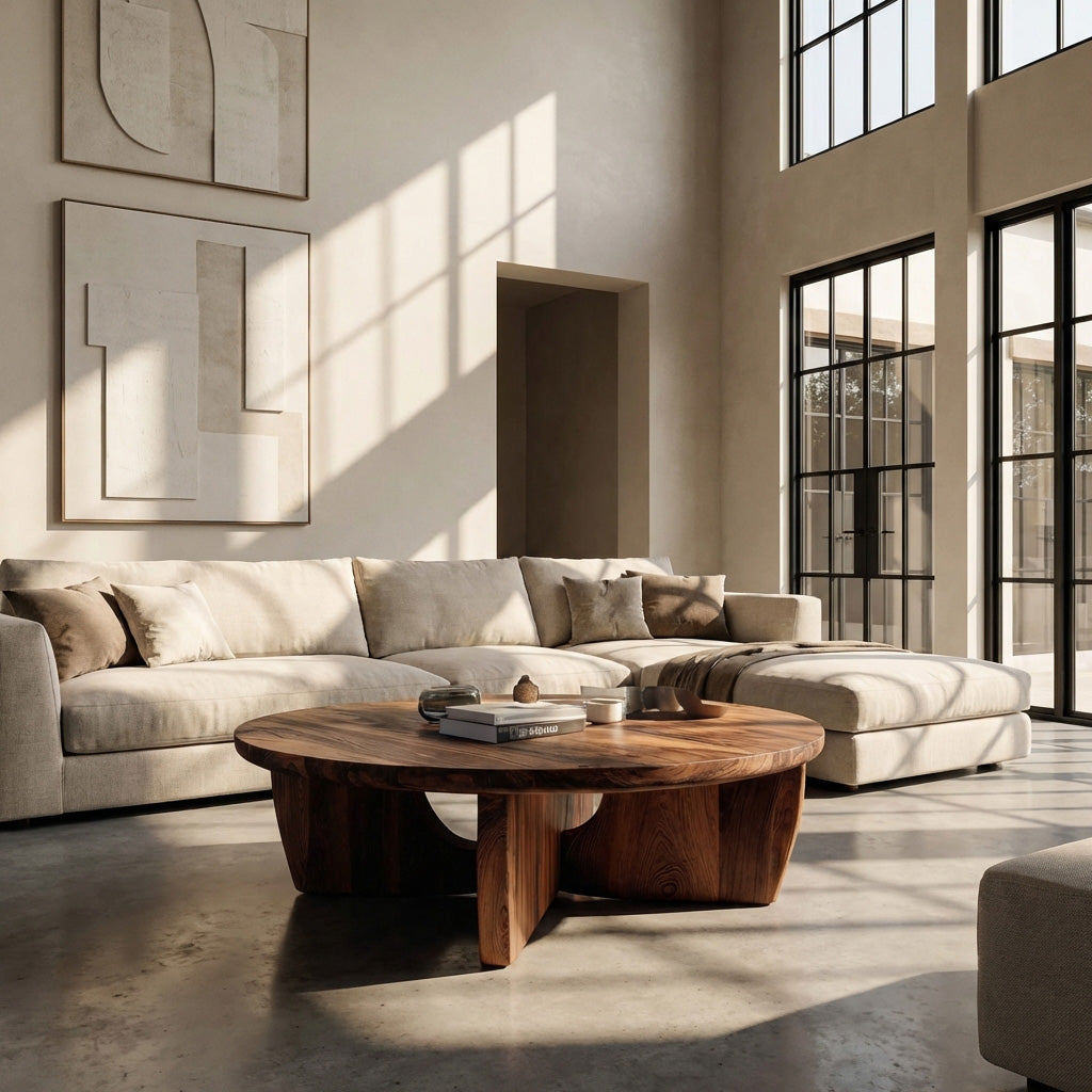 Round Wooden Coffee Table Unique Base Design For Home