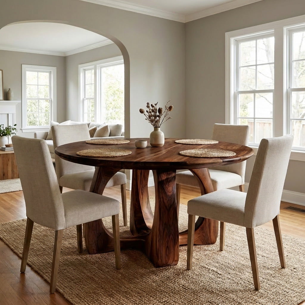 Wooden Round Dining Table With Artistic Base For Dining Room