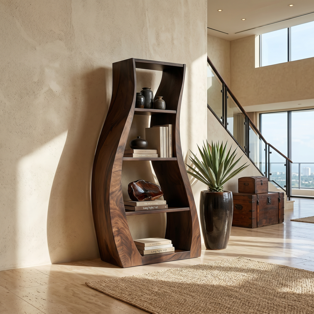 Minimalist Sculpted Wooden Accent Shelf With Flowing Silhouette