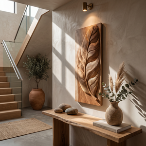 Rustic Wall Art With Carved Leaf Design For Entryway