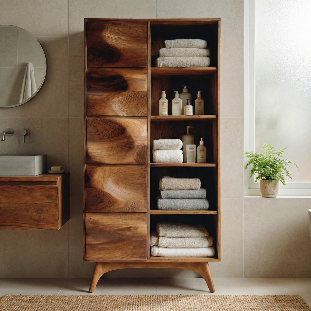 Sculpted Wood Bathroom Cabinet With Wavy Doors For Spa Decor