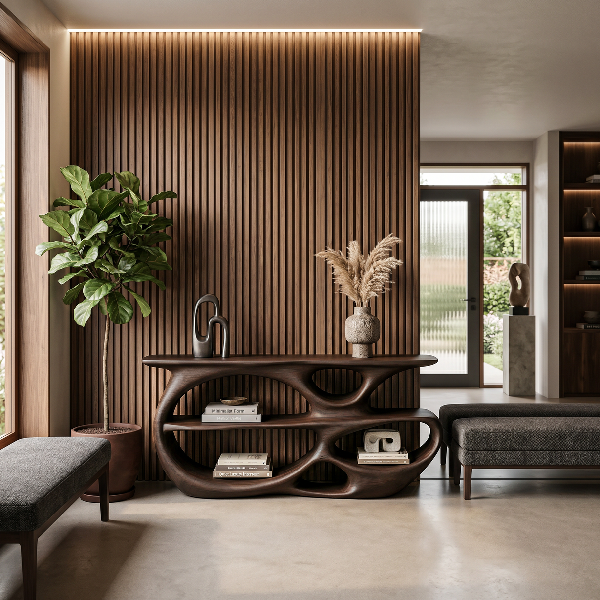 Modern Wooden Console Table With Organic Open Shelves For Entryway