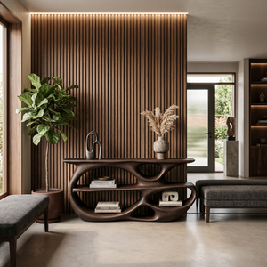 Modern Wooden Console Table With Organic Open Shelves For Entryway