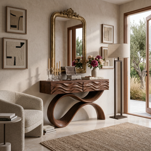 Modern Wood Console Table With Elegant Curved Base For Entryway